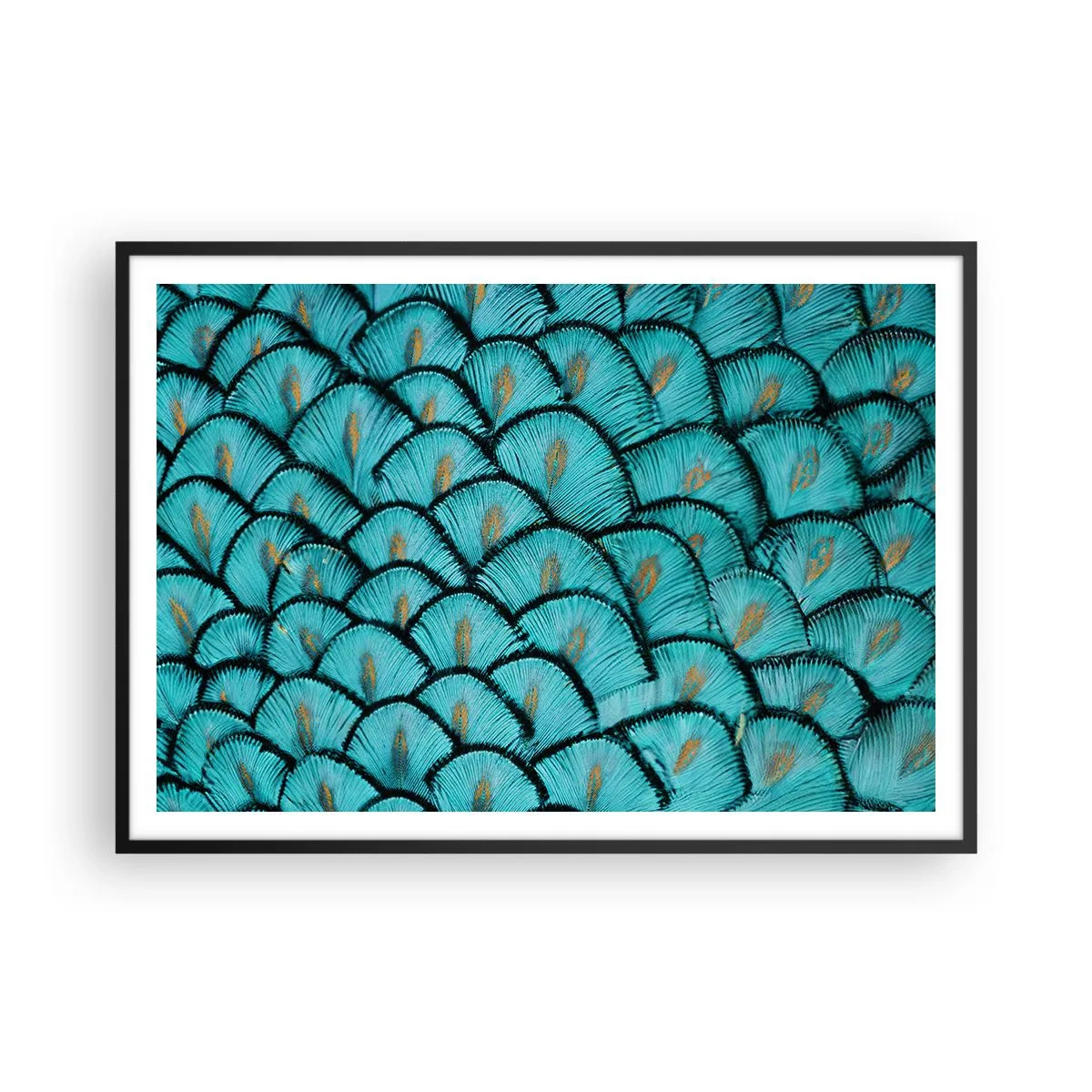 Poster in einem schwarzem Rahmen - Ein Muster, das türkisfarbenen Schuppen mit goldenen Akzenten ähnelt - 100x70cm - Große Federgala - Moderne Wanddekoration für Wohnzimmer und Schlafzimmer ARTTOR