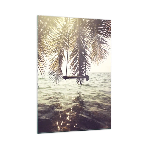Glasbild - Bild auf glas - Ein Strand mit Palmen und einer Schaukel über einem ruhigen Meer - 50x70cm - Sie können nach Belieben in den Wolken schwingen - Moderne Wanddekoration für Wohnzimmer und Schlafzimmer ARTTOR