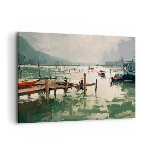 Bild auf Leinwand - Leinwandbild - Ein malerischer Hafen mit Booten auf ruhigem Wasser - 100x70cm - Durchnässt in einem geschmolzenen Mond - Moderne Wanddekoration für Wohnzimmer und Schlafzimmer ARTTOR