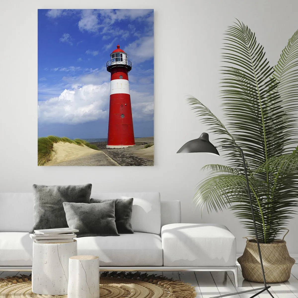 Glasbild - Bild auf glas - Roter Leuchtturm am Strand unter blauem Himmel - 80x120cm - Traum Einsamkeit - Moderne Wanddekoration für Wohnzimmer und Schlafzimmer ARTTOR