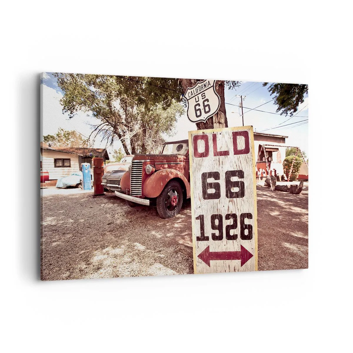 Bild auf Leinwand - Leinwandbild - Retro-Auto und Route 66-Schild in rustikalem Ambiente - 120x80cm - Die Legende der amerikanischen Provinz - Moderne Wanddekoration für Wohnzimmer und Schlafzimmer ARTTOR