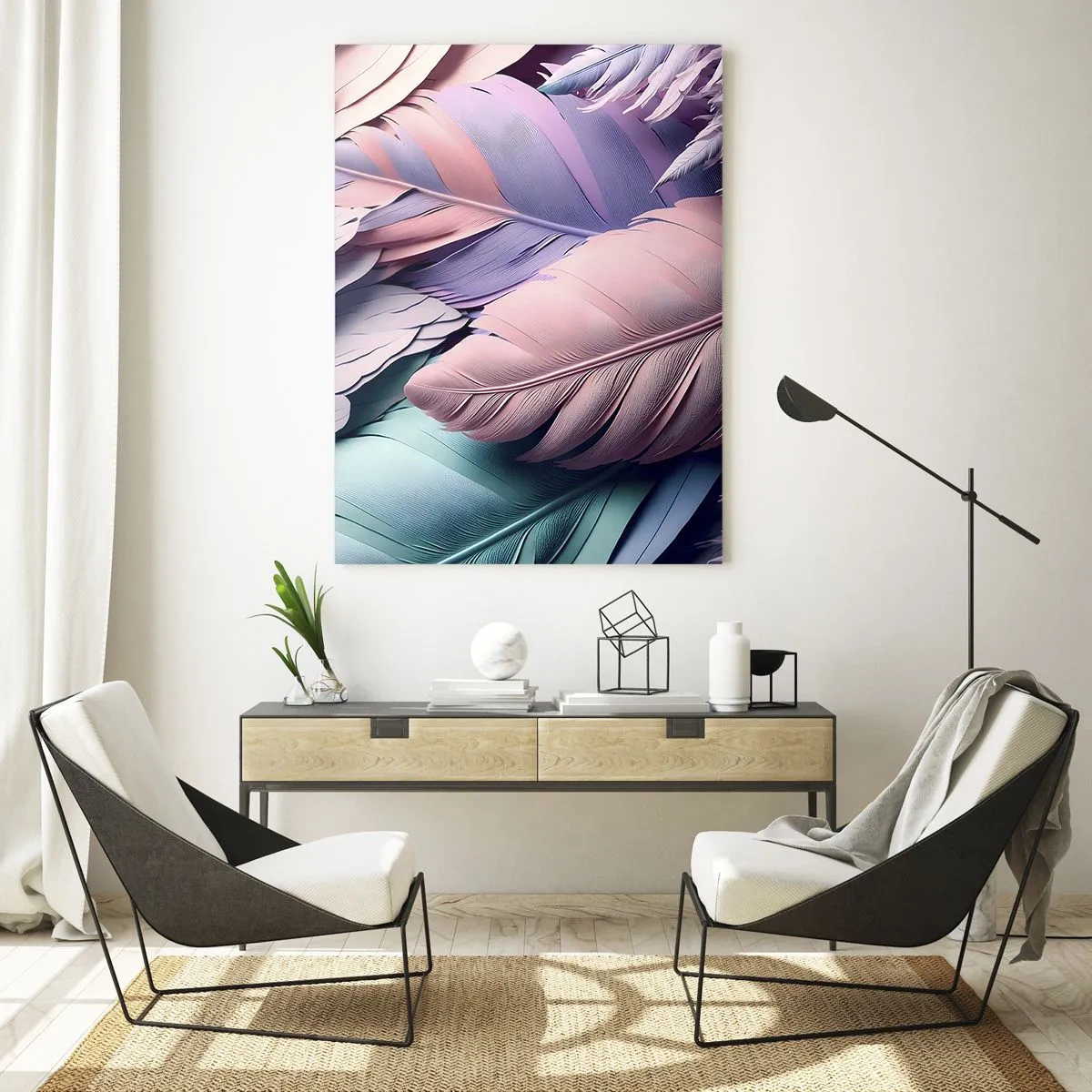 Glasbild - Bild auf glas - Pastellfarbene Federn in Rosa-, Lila- und Türkistönen - 50x70cm - Vogel-Chic - Moderne Wanddekoration für Wohnzimmer und Schlafzimmer ARTTOR