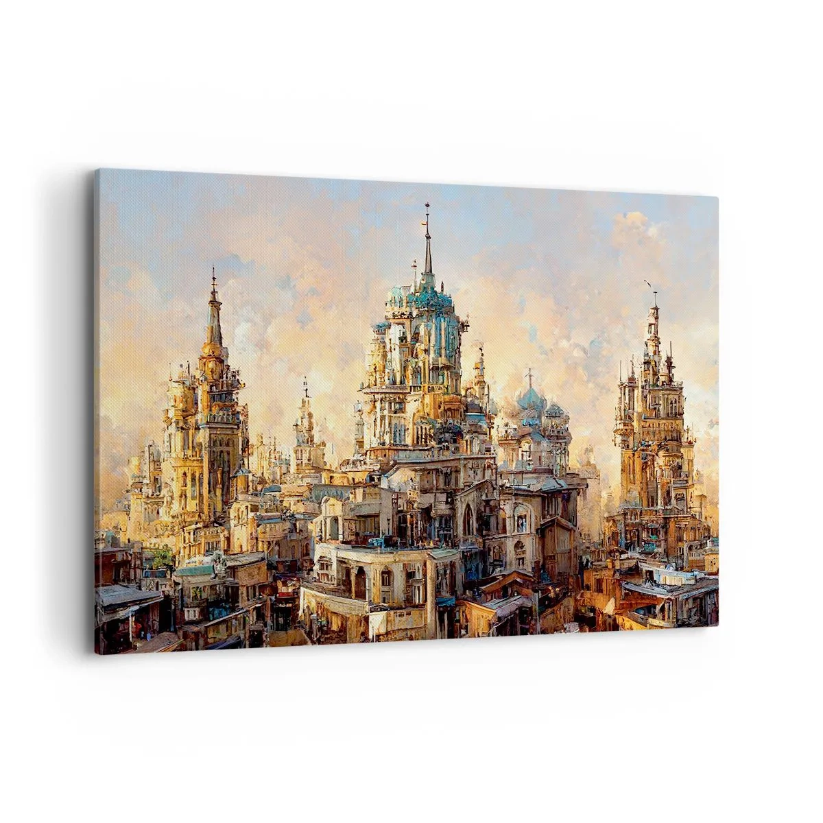 Bild auf Leinwand - Leinwandbild - Architektonische Türme in den Strahlen der untergehenden Sonne - 120x80cm - Stadt der Städte - Moderne Wanddekoration für Wohnzimmer und Schlafzimmer ARTTOR