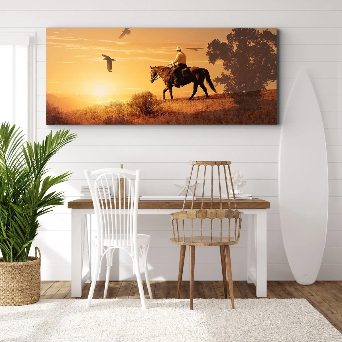Bild auf Leinwand - Leinwandbild - Ein Reiter auf einem Pferd bei Sonnenuntergang vor der Prärie - 160x50cm - Allein durch die Prärie - Moderne Wanddekoration für Wohnzimmer und Schlafzimmer ARTTOR