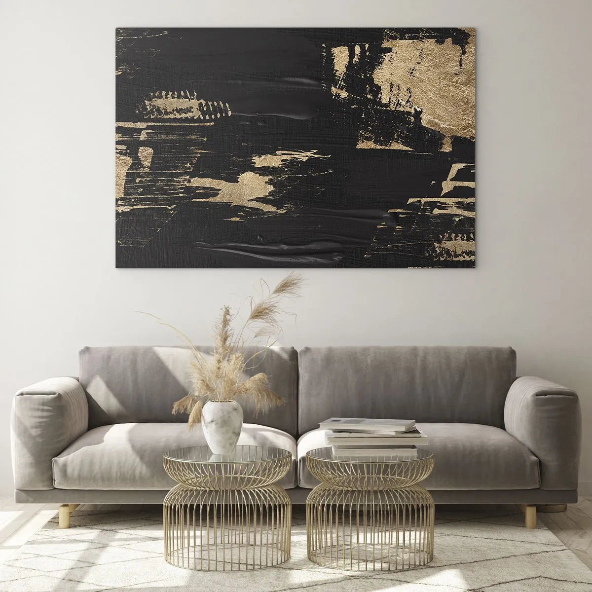 Glasbild - Bild auf glas - Schwarz-goldene Abstraktion mit pinselstrichartiger Textur - 120x80cm - Spur einer Berührung - Moderne Wanddekoration für Wohnzimmer und Schlafzimmer ARTTOR