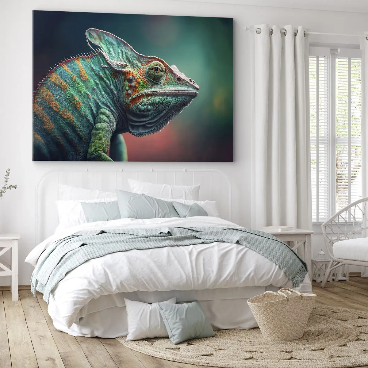 Bild auf Leinwand - Leinwandbild - Nahaufnahme eines Chamäleons in intensiven Farben - 70x50cm - Siehst du mich? Nicht gut… - Moderne Wanddekoration für Wohnzimmer und Schlafzimmer ARTTOR
