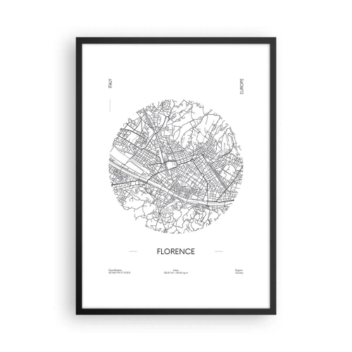 Poster in einem schwarzem Rahmen - Eine minimalistische Karte von Florenz in Schwarzweiß. - 50x70cm - Anatomie von Florenz - Moderne Wanddekoration für Wohnzimmer und Schlafzimmer ARTTOR