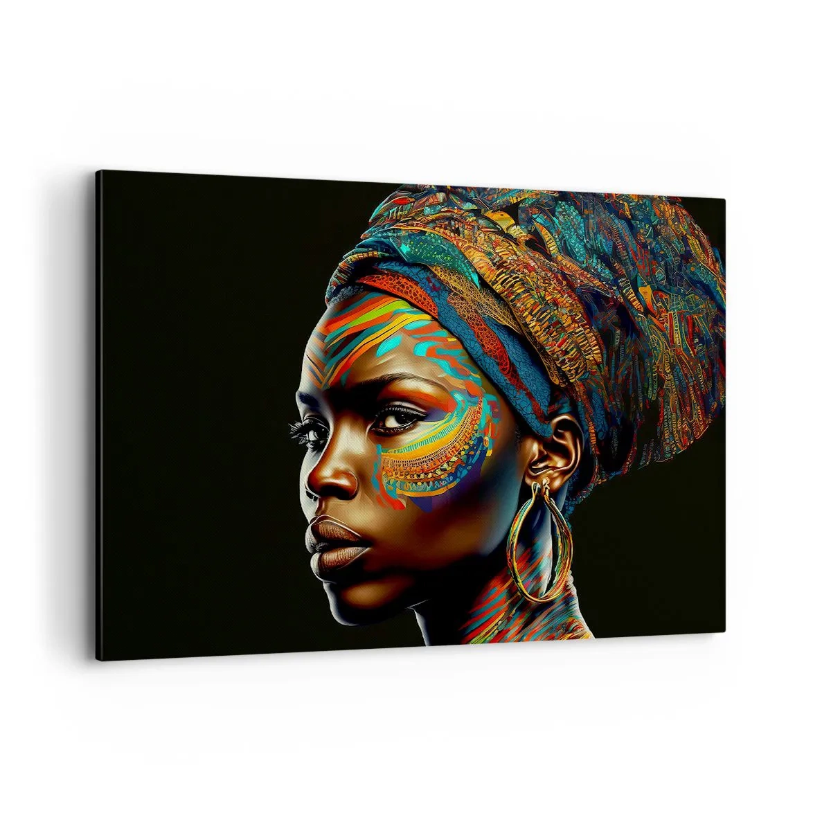 Bild auf Leinwand - Leinwandbild - Porträt einer Frau mit buntem Muster und Turban - 120x80cm - Afrikanische Königin - Moderne Wanddekoration für Wohnzimmer und Schlafzimmer ARTTOR
