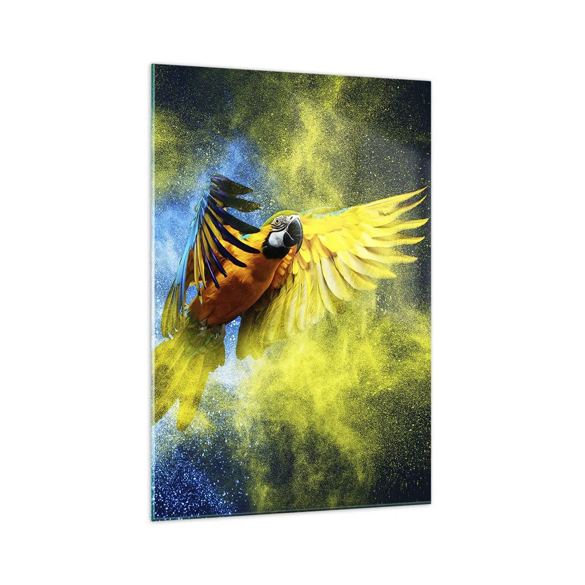 Glasbild - Bild auf glas - Ein Papagei im Flug vor einem Hintergrund aus farbenfrohen Explosionen in Gelb und Blau. - 70x100cm - Im blauen und goldenen Staub - Moderne Wanddekoration für Wohnzimmer und Schlafzimmer ARTTOR