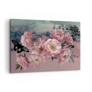 Bild auf Leinwand - Leinwandbild - Rosa Pfingstrosen mit einem Schmetterling auf pastellfarbenem Hintergrund - 100x70cm - Der Höhepunkt der Romantik - Moderne Wanddekoration für Wohnzimmer und Schlafzimmer ARTTOR