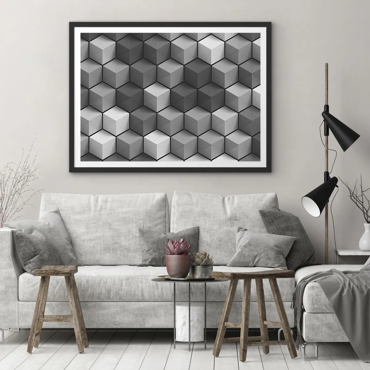 Poster in einem schwarzem Rahmen - Geometrische Komposition aus Würfeln in Grau- und Schwarztönen - 70x50cm - Kubistisches Puzzle - Moderne Wanddekoration für Wohnzimmer und Schlafzimmer ARTTOR