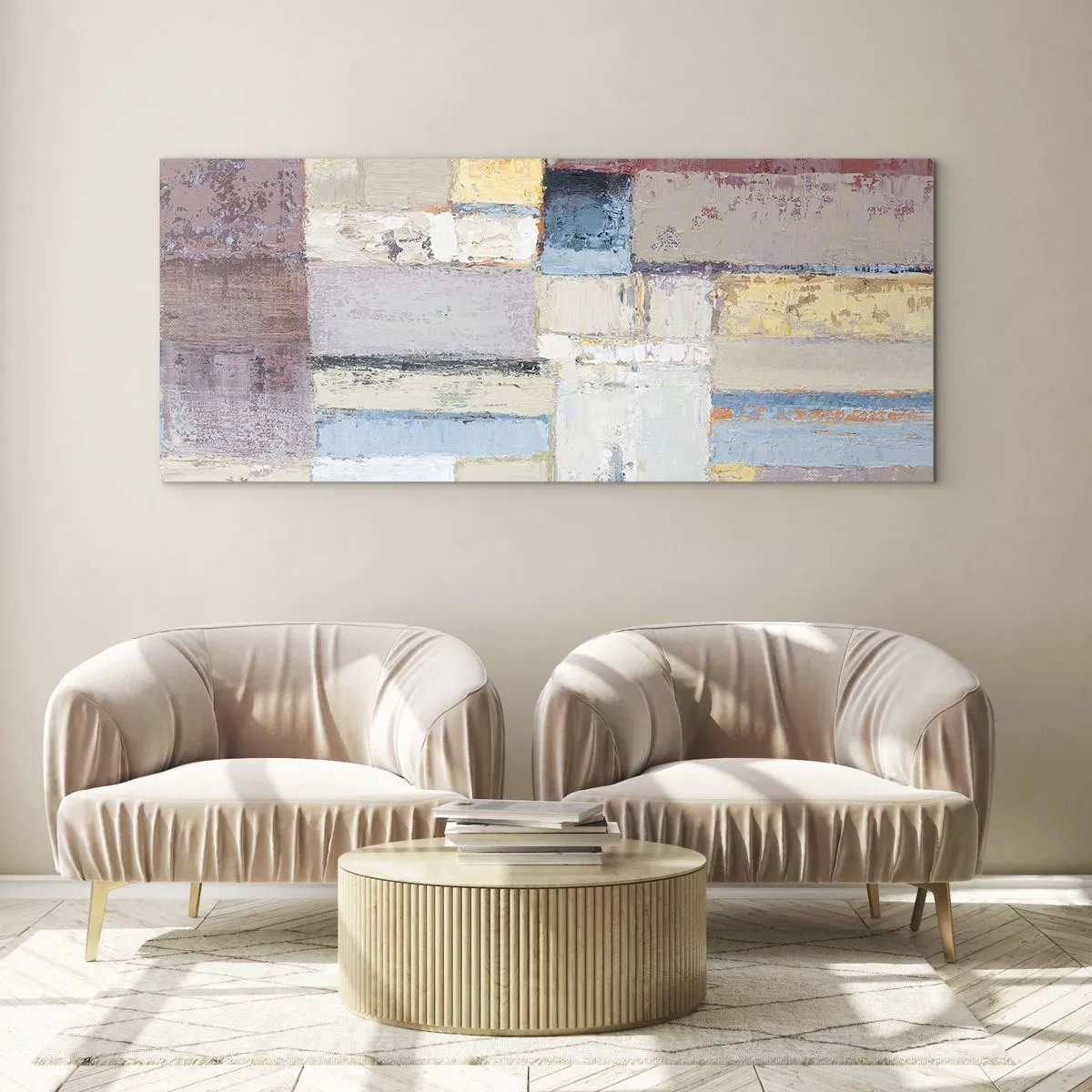 Glasbild - Bild auf glas - Geometrische Komposition in Pastellfarben - 160x50cm - Ruhe der Geometrie - Moderne Wanddekoration für Wohnzimmer und Schlafzimmer ARTTOR