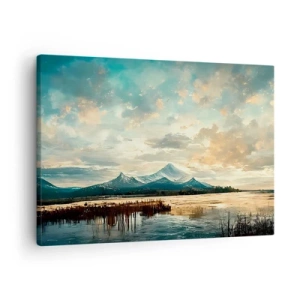 Bild auf Leinwand - Leinwandbild - Eine malerische Landschaft mit einem Berg und einem ruhigen See - 70x50cm - Unter dem Schutz des Himmels - Moderne Wanddekoration für Wohnzimmer und Schlafzimmer ARTTOR