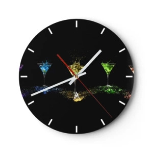 Wanduhr - Glasuhr - Bunte Getränke in Gläsern auf schwarzem Hintergrund - 30x30cm - Farben der Freude in Kristallglas - Moderne Wanddekoration für Wohnzimmer, Küche und Schlafzimmer ARTTOR