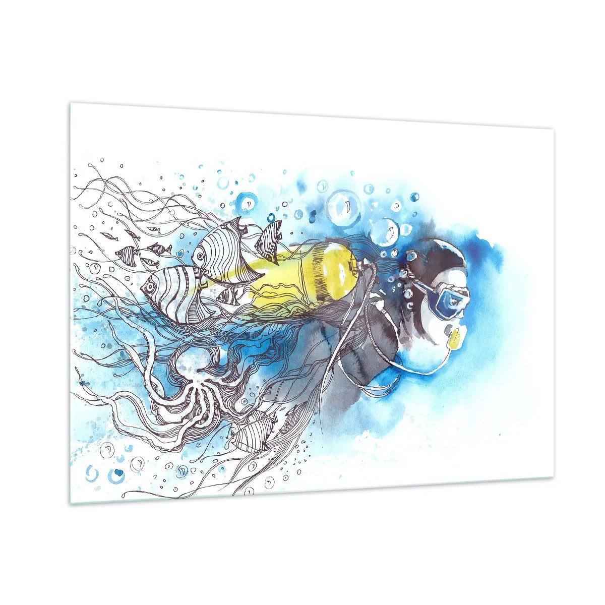 Glasbild - Bild auf glas - Taucher unter Wasser mit Fischen in künstlerischem Aquarell - 100x70cm - Tolles Blau - Moderne Wanddekoration für Wohnzimmer und Schlafzimmer ARTTOR