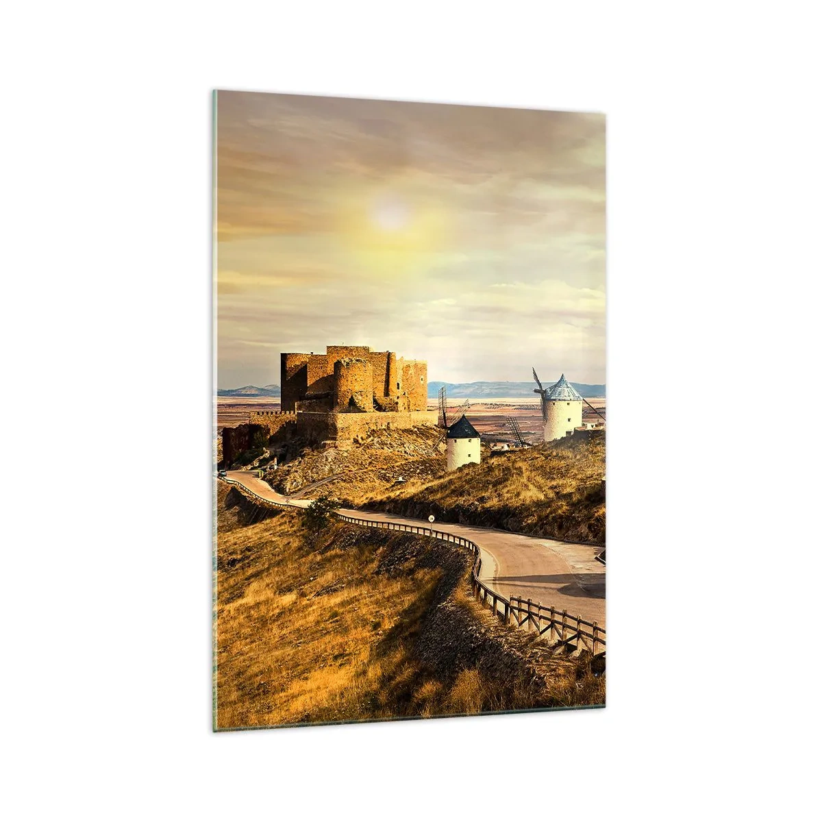 Glasbild - Bild auf glas - Windmühlen auf den Hügeln mit einer historischen Burg im Hintergrund - 70x100cm - Don Quijote kommt gleich - Moderne Wanddekoration für Wohnzimmer und Schlafzimmer ARTTOR