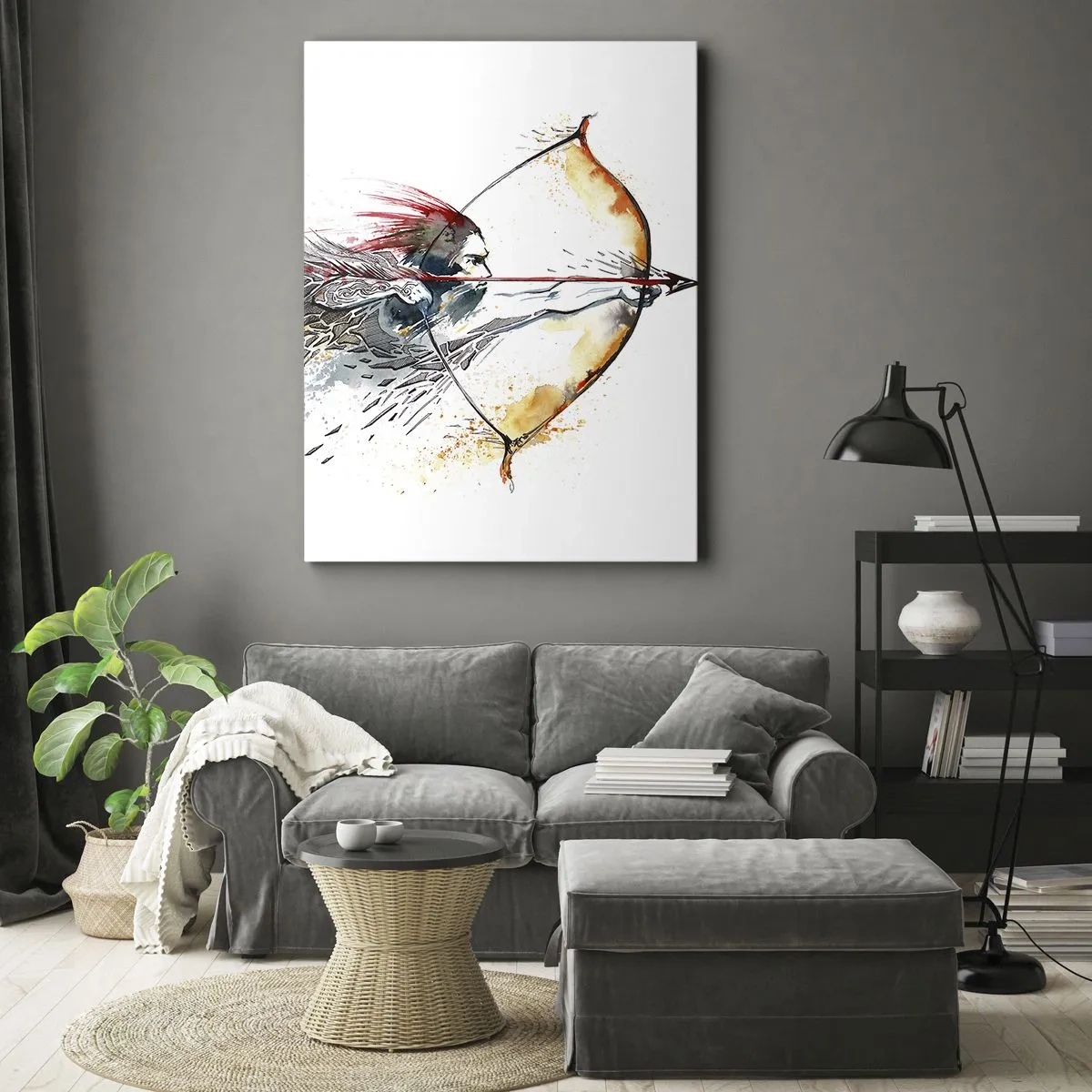 Bild auf Leinwand - Leinwandbild - Dynamisches Aquarell eines Kriegers mit Pfeil und Bogen - 70x100cm - Mythischer Krieger mit feurigem Bogen - Moderne Wanddekoration für Wohnzimmer und Schlafzimmer ARTTOR