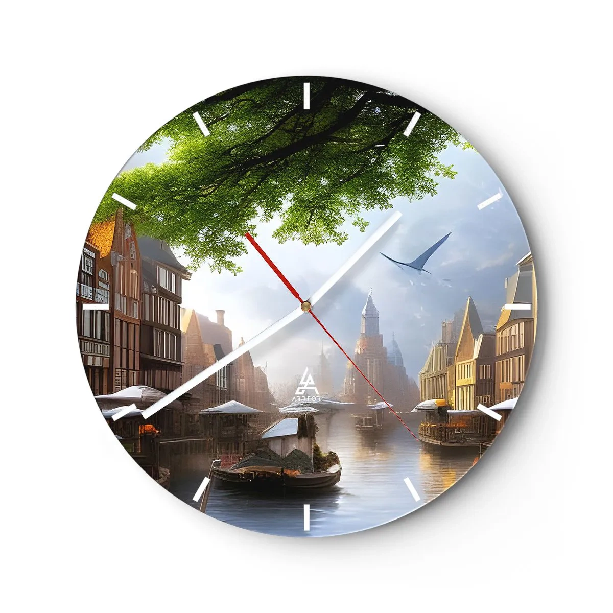Wanduhr - Glasuhr - Wasserkanal mit Booten und historischen Mietshäusern - 30x30cm - Niederländisches Stadtbild - Moderne Wanddekoration für Wohnzimmer, Küche und Schlafzimmer ARTTOR