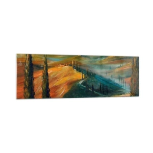 Glasbild - Bild auf glas - Toskanische Landschaft mit Feldern, Straße und Zypressen - 160x50cm - Toskanische Landschaft - Moderne Wanddekoration für Wohnzimmer und Schlafzimmer ARTTOR
