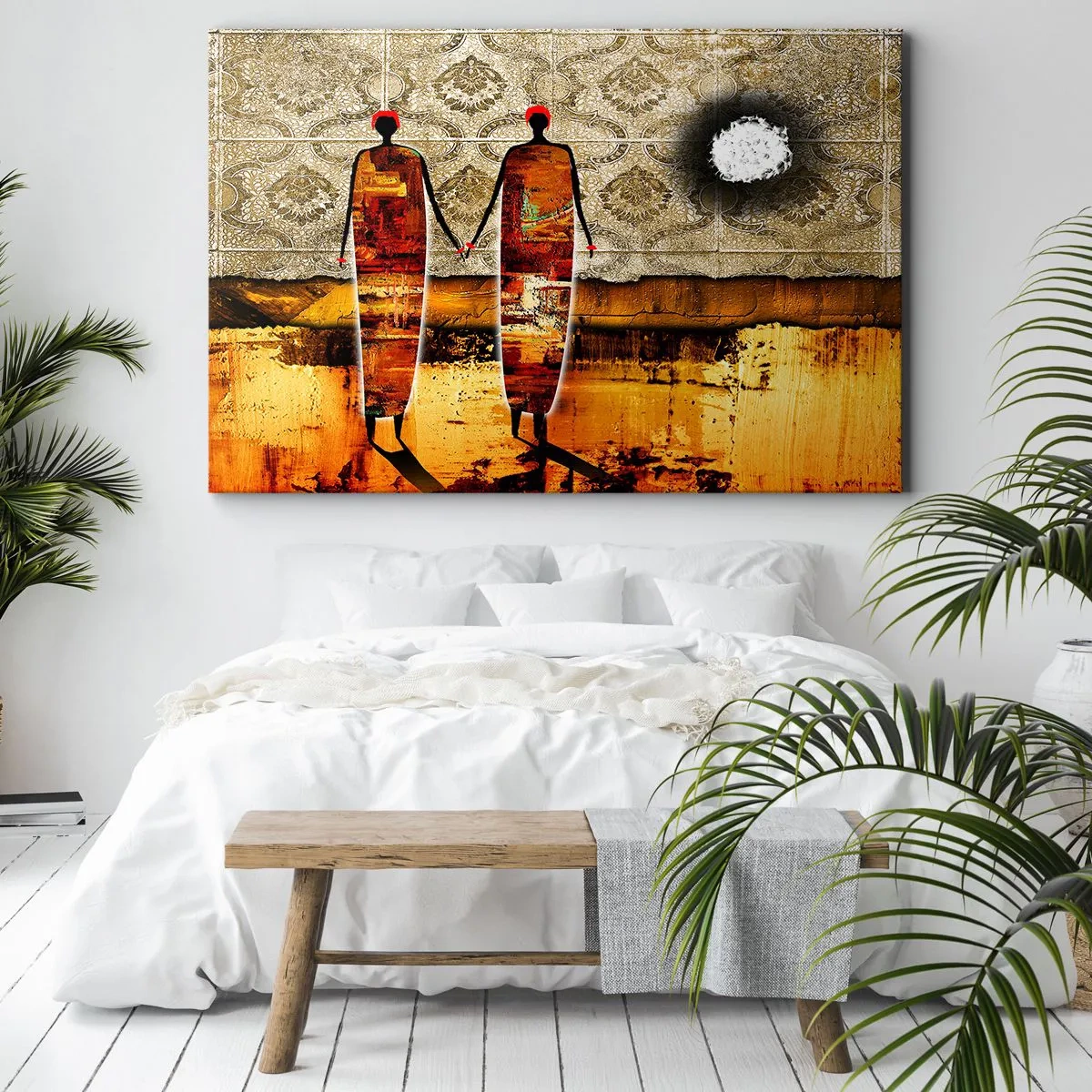 Bild auf Leinwand - Leinwandbild - Ein abstraktes Figurenpaar vor einem Hintergrund aus goldenen Mustern und einer Landschaft. - 70x50cm - Ethnische Zusammensetzung in den Farben Afrikas - Moderne Wanddekoration für Wohnzimmer und Schlafzimmer ARTTOR