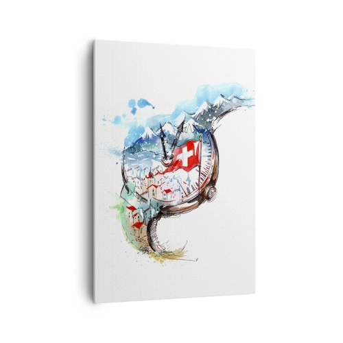 Bild auf Leinwand - Leinwandbild - Eine Aquarelllandschaft der Schweiz im Uhrwerk-Design - 70x100cm - Der Geist der Schweiz - Moderne Wanddekoration für Wohnzimmer und Schlafzimmer ARTTOR