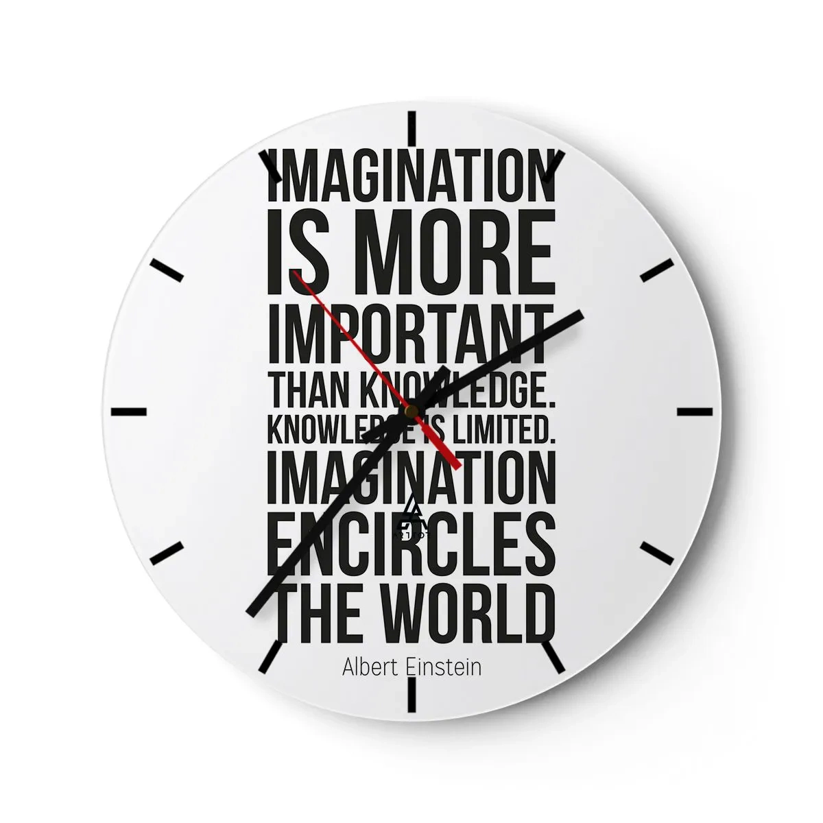 Wanduhr - Glasuhr - Inspirierendes Zitat von Albert Einstein - 30x30cm - Einstein über die Kraft der Vorstellungskraft - Moderne Wanddekoration für Wohnzimmer, Küche und Schlafzimmer ARTTOR