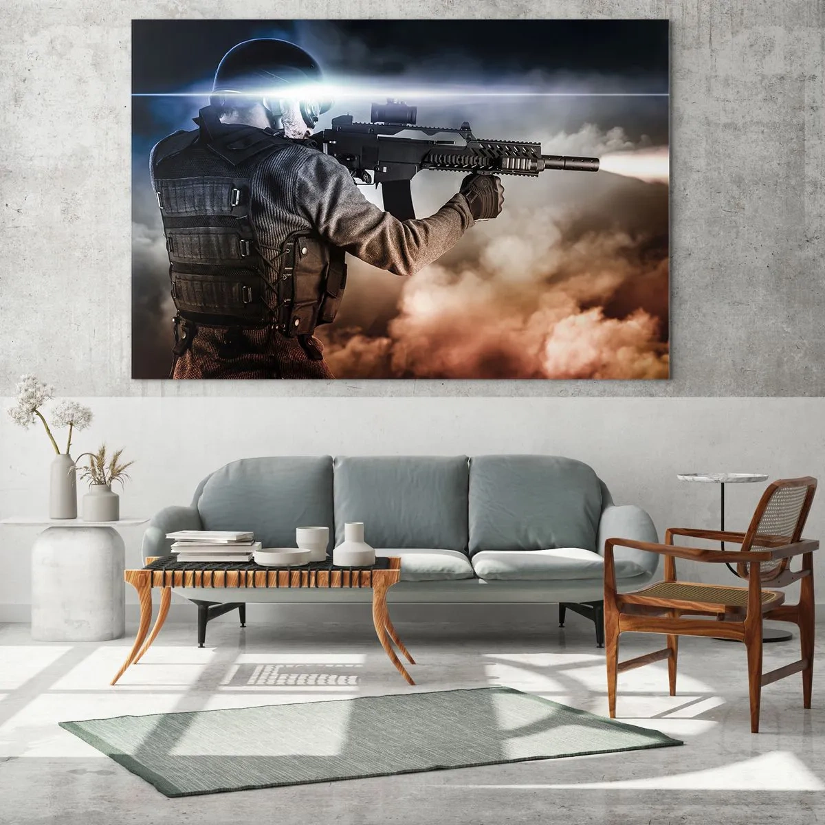 Glasbild - Bild auf glas - Ein Soldat im Einsatz, der vor einem Hintergrund aus Rauch ein Gewehr abfeuert. - 100x70cm - Nur ein Held - Moderne Wanddekoration für Wohnzimmer und Schlafzimmer ARTTOR