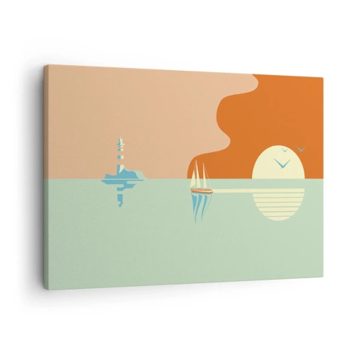 Bild auf Leinwand - Leinwandbild - Eine minimalistische Meereslandschaft mit einem Segelboot und einem Sonnenuntergang - 70x50cm - Die perfekte Meereslandschaft - Moderne Wanddekoration für Wohnzimmer und Schlafzimmer ARTTOR
