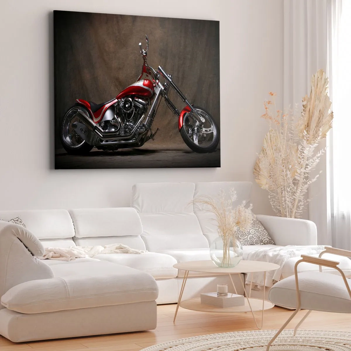 Bild auf Leinwand - Leinwandbild - Rotes Custom-Motorrad vor braunem Stoffhintergrund - 70x50cm - Rote und silberne Schönheit - Moderne Wanddekoration für Wohnzimmer und Schlafzimmer ARTTOR