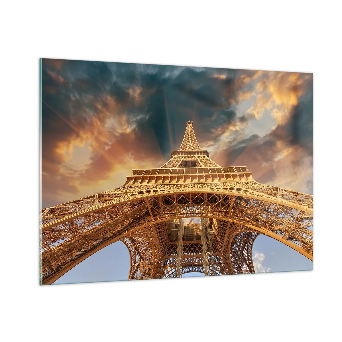 Glasbild - Bild auf glas - Der Eiffelturm aus der Froschperspektive - 100x70cm - Wie die Menschheit den Himmel erreichte - Moderne Wanddekoration für Wohnzimmer und Schlafzimmer ARTTOR