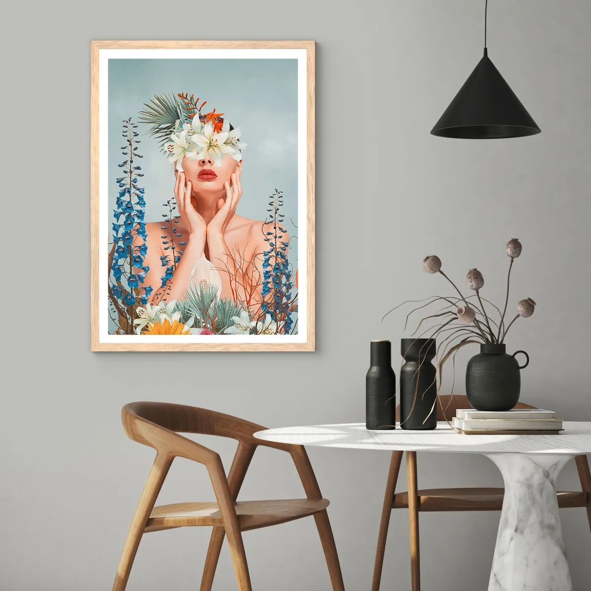 Poster in einem Rahmen aus heller Eiche - Frau - Blume - 70x100 cm