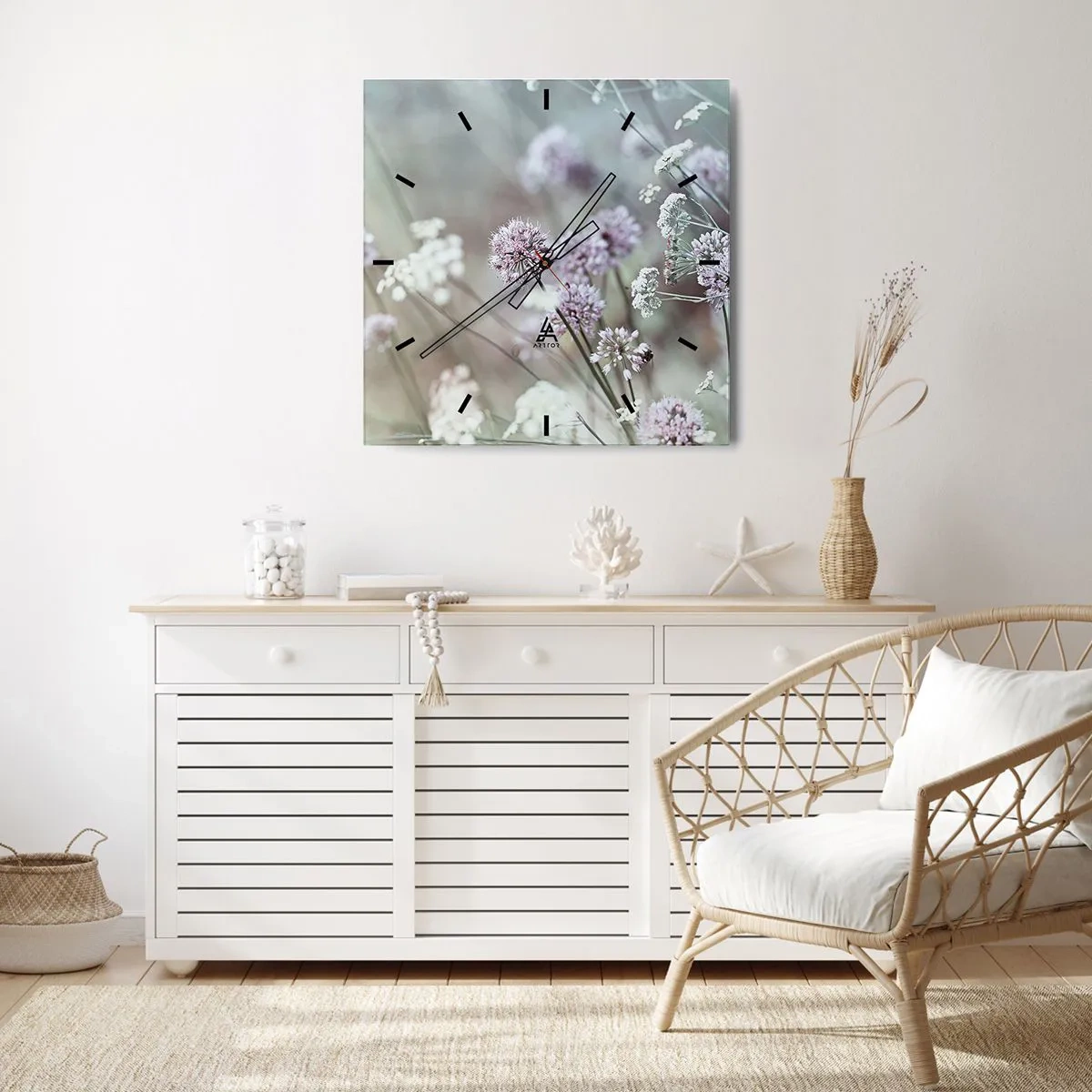 Wanduhr - Glasuhr - Zarte Blüten in Pastelltönen - 30x30cm - Süße filigrane Kräuter - Moderne Wanddekoration für Wohnzimmer und Schlafzimmer ARTTOR