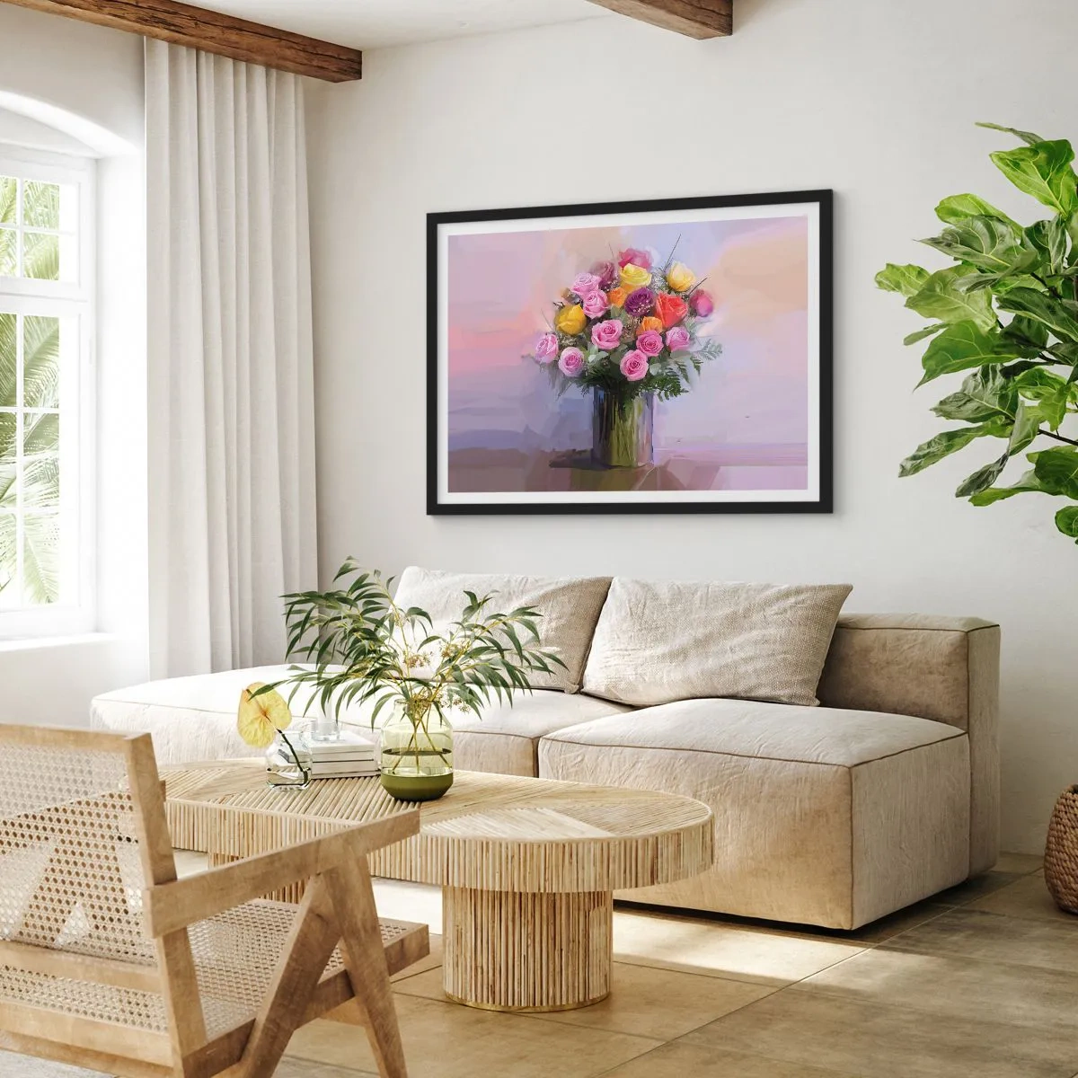 Poster in einem schwarzem Rahmen - Ein Strauß bunter Rosen in einer Glasvase - 70x50cm - Festgehaltene Schönheit - Moderne Wanddekoration für Wohnzimmer und Schlafzimmer ARTTOR