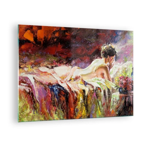 Glasbild - Bild auf glas - Impressionistischer weiblicher Akt auf buntem Stoff - 70x50cm - Venus in Gedanken - Moderne Wanddekoration für Wohnzimmer und Schlafzimmer ARTTOR