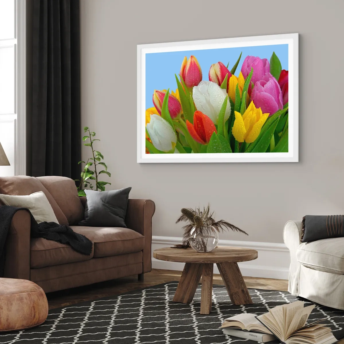 Poster in einem weißen Rahmen - Ein blumiger Regenbogen in Tautropfen - 70x50 cm