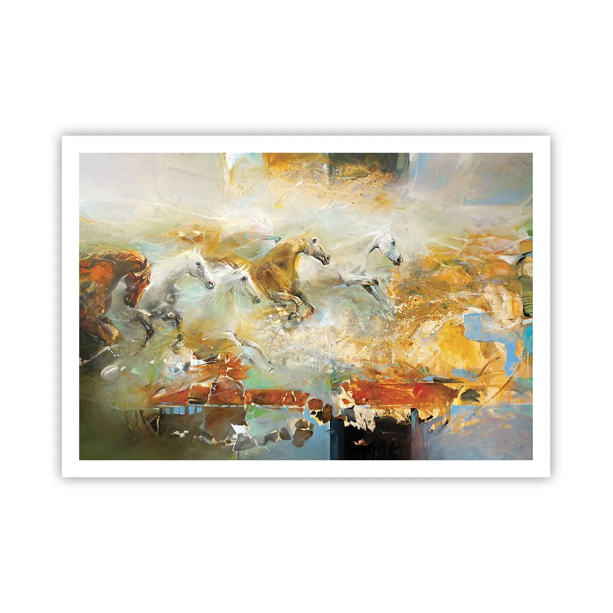 Poster - Künstlerische Pferde in einer dynamischen, farbenfrohen Umgebung - 100x70cm - Im Galopp durch das Licht - Moderne Wanddekoration für Wohnzimmer und Schlafzimmer ARTTOR