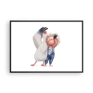 Poster in einem schwarzem Rahmen - Illustration eines Kindes mit einem Pelikan und einem Teleskop in der Hand - 100x70cm - Toller Reiseplan - Moderne Wanddekoration für Wohnzimmer und Schlafzimmer ARTTOR
