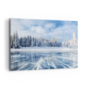 Bild auf Leinwand - Leinwandbild - Ein zugefrorener See, umgeben von einem schneebedeckten Wald - 100x70cm - Eine schillernde und kristallklare Aussicht - Moderne Wanddekoration für Wohnzimmer und Schlafzimmer ARTTOR