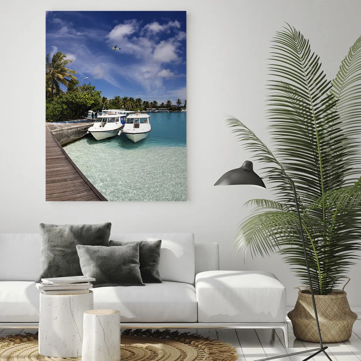 Glasbild - Bild auf glas - Exotischer Pier, Boote und türkisfarbenes Wasser - 50x70cm - Doch das Paradies gibt es - Moderne Wanddekoration für Wohnzimmer und Schlafzimmer ARTTOR