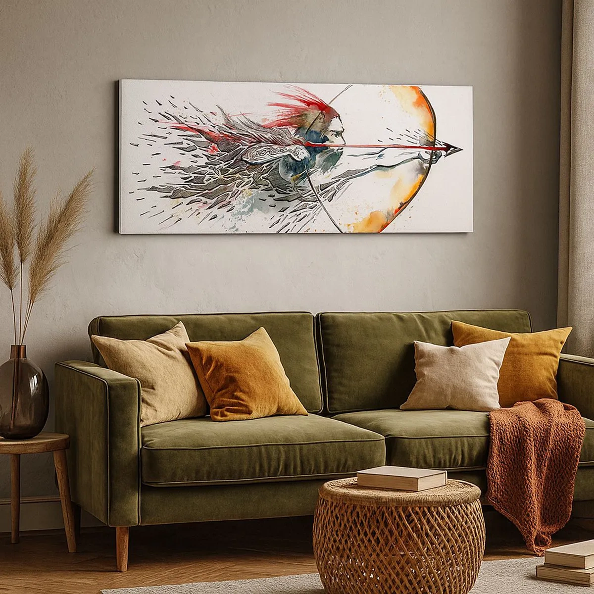 Bild auf Leinwand - Leinwandbild - Mythischer Krieger mit feurigem Bogen - 100x40 cm