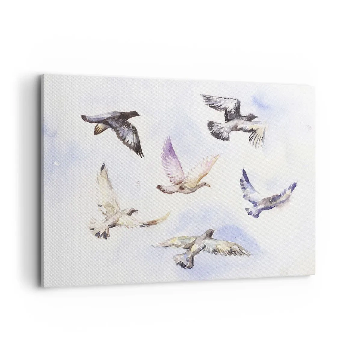Bild auf Leinwand - Leinwandbild - Aquarellvögel im Flug vor einem zarten Himmel - 100x70cm - Freiheit in Grau und Blau - Moderne Wanddekoration für Wohnzimmer und Schlafzimmer ARTTOR