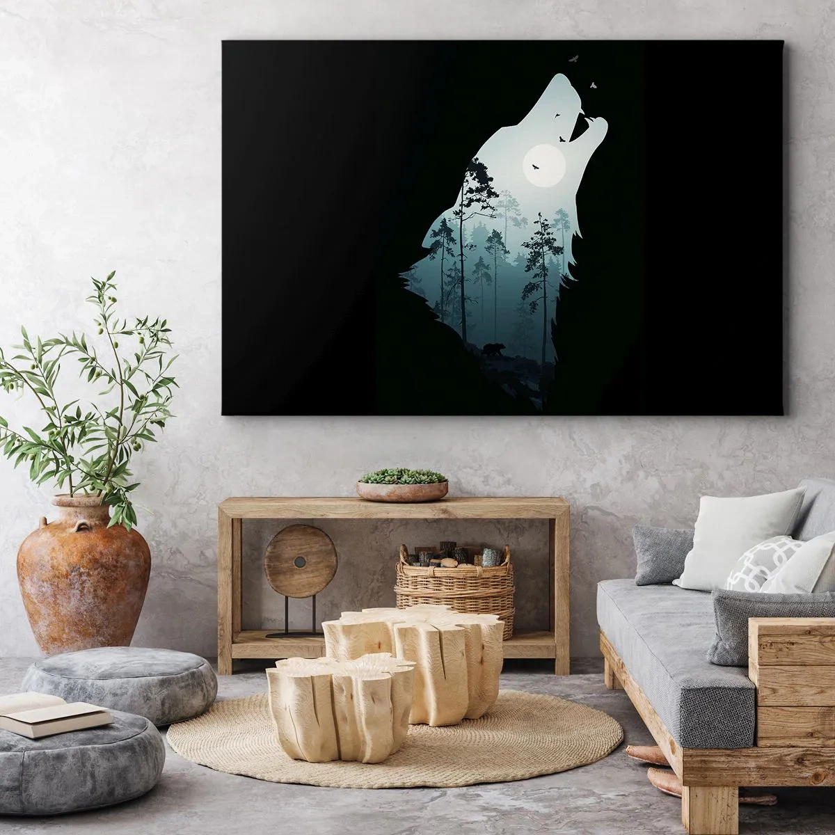 Bild auf Leinwand - Leinwandbild - Silhouette eines Wolfes mit Wald und Mond im Hintergrund - 120x80cm - Die Stimme der Waldnacht - Moderne Wanddekoration für Wohnzimmer und Schlafzimmer ARTTOR