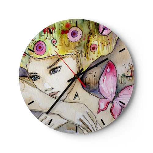 Wanduhr - Glasuhr - Ein Aquarellgemälde einer Frau mit Schmetterlingsmotiv und farbenfrohen Details. - 30x30cm - Schmetterlingsprinzessin - Moderne Wanddekoration für Wohnzimmer, Küche und Schlafzimmer ARTTOR