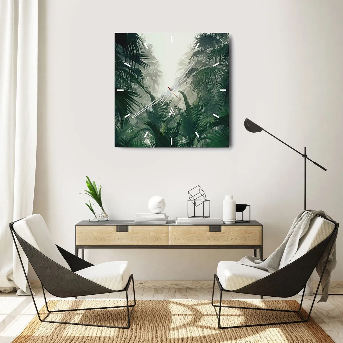 Wanduhr - Glasuhr - Tropische Vegetation im dichten Regenwaldnebel - 30x30cm - Tropisches Geheimnis - Moderne Wanddekoration für Wohnzimmer und Schlafzimmer ARTTOR