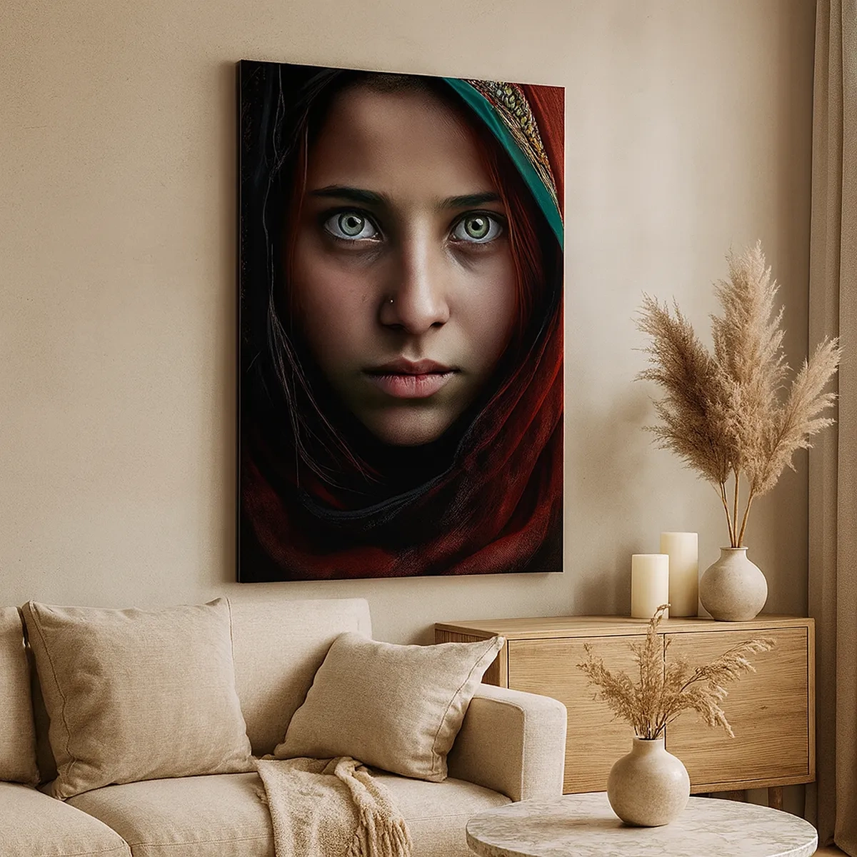 Bild auf Leinwand - Leinwandbild - Porträt einer Frau mit intensivem Blick in warmen Farben - 50x70cm - Prinzessin aus dem Osten - Moderne Wanddekoration für Wohnzimmer und Schlafzimmer ARTTOR