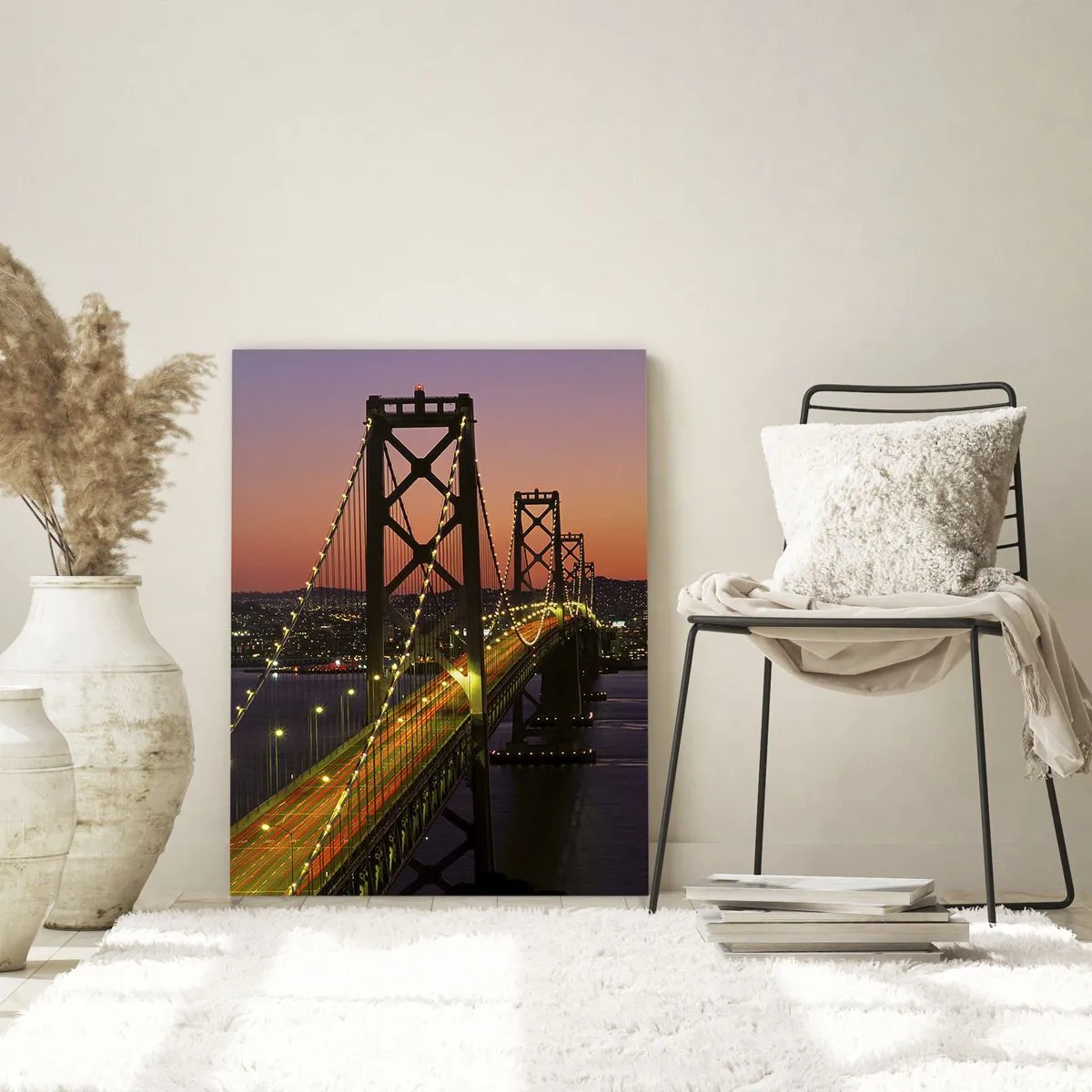 Glasbild - Bild auf glas - Die Brücke bei Nacht in der Stadt und Sonnenuntergangslicht - 50x70cm - Violetter Abend - Moderne Wanddekoration für Wohnzimmer und Schlafzimmer ARTTOR