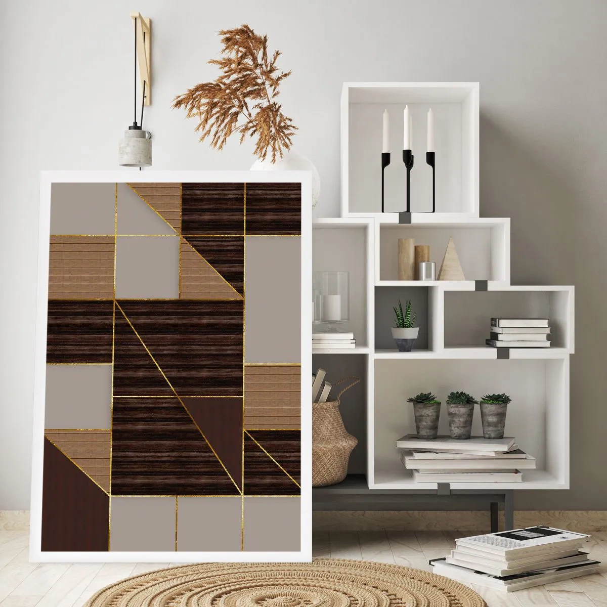 Poster - Geometrische Komposition in Braun- und Goldtönen - 50x70cm - Ein Mosaik aus Braun und Gold - Moderne Wanddekoration für Wohnzimmer und Schlafzimmer ARTTOR