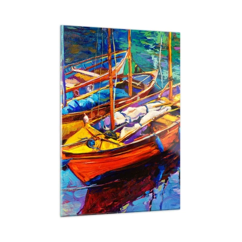 Glasbild - Bild auf glas - Bunte Boote auf ruhigem Wasser - 50x70cm - Auf Wasser dick mit Farben - Moderne Wanddekoration für Wohnzimmer und Schlafzimmer ARTTOR
