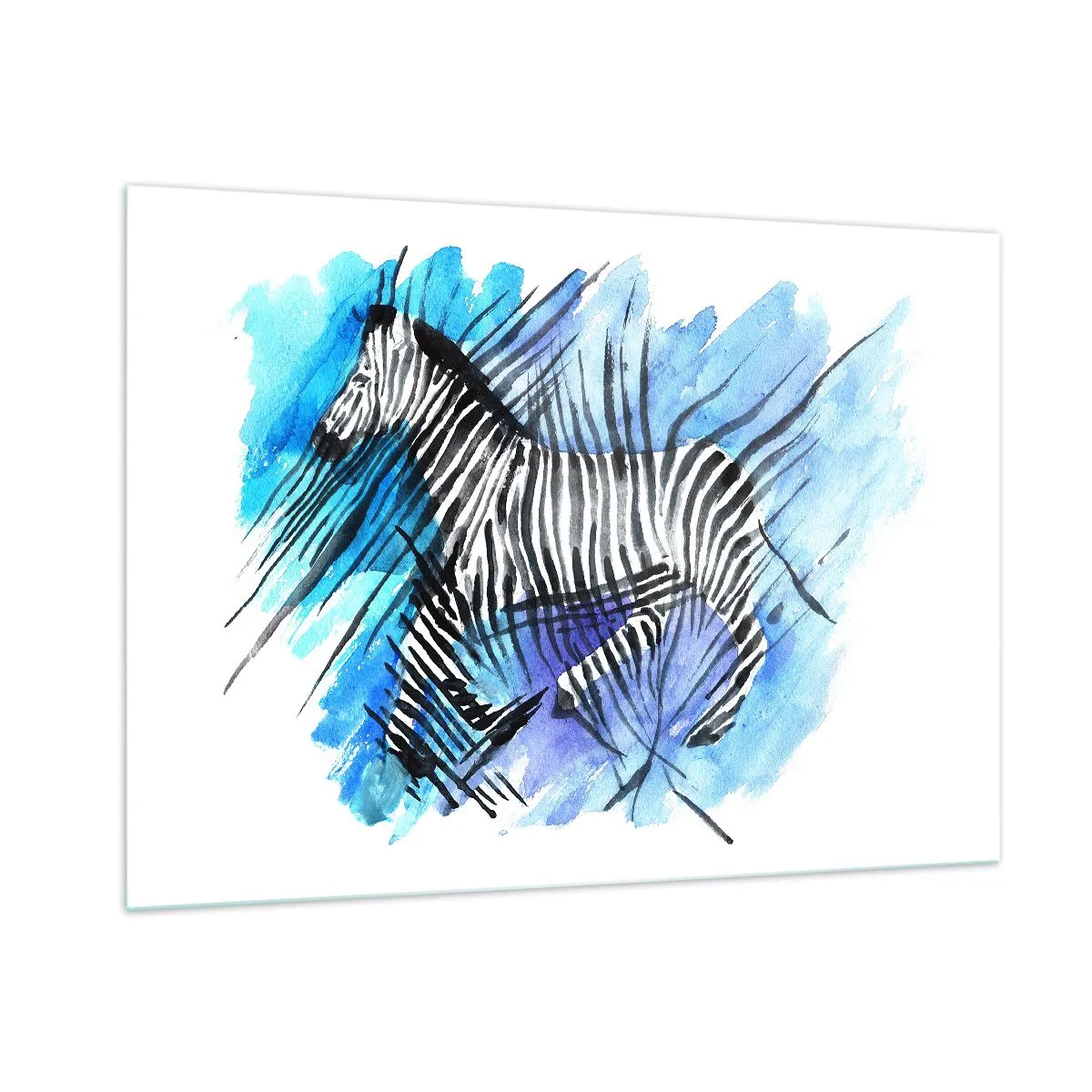 Glasbild - Bild auf glas - Ein Zebra in einer künstlerischen Aquarellkomposition vor blauem Hintergrund - 100x70cm - In Streifen versteckt - Moderne Wanddekoration für Wohnzimmer und Schlafzimmer ARTTOR