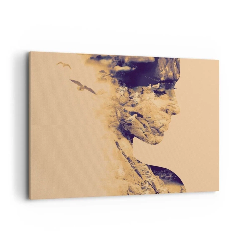 Bild auf Leinwand - Leinwandbild - Profil einer Frau mit der Natur im Hintergrund in warmen Tönen - 120x80cm - Von Natur aus schön - Moderne Wanddekoration für Wohnzimmer und Schlafzimmer ARTTOR